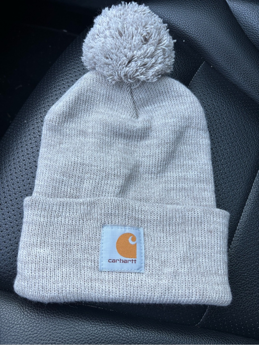 Carhartt Pom Beanie Hat in Light Gray with Orange Logo